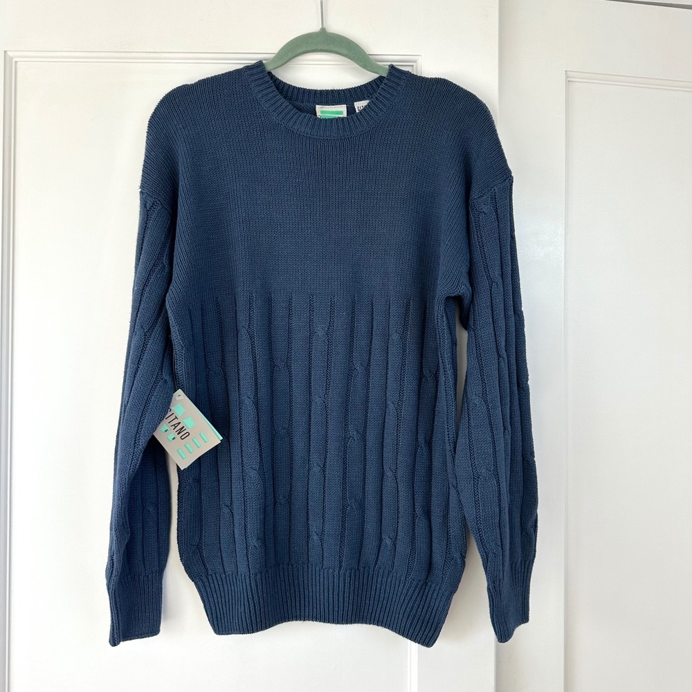 Vintage GITANO Mens Cable Knit Crew Neck Sweater M Navy Blue Ramie Cotton Blend